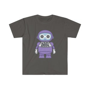 May include: Dark grey t-shirt featuring a cartoon robot design. The robot is purple with white accents, including the hands and a chest plate. The robot has two circular eyes and a smiling face. The t-shirt is made of a soft material.