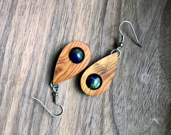 Old growth heart pine and chrysocolla earrings