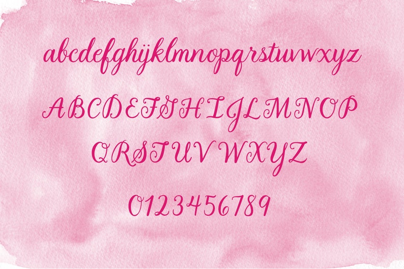 May include: A digital alphabet and number set displayed in a dark pink cursive script font. The characters include lowercase letters a through z, uppercase letters A through Z, and digits 0 through 9, all set against a light pink watercolor background.