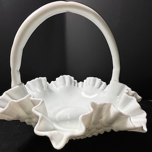 Vintage, Fenton, Milk Glass, Hobnail, Large, White, 12&quot;,  Basket, Handled, Ruffled Edges