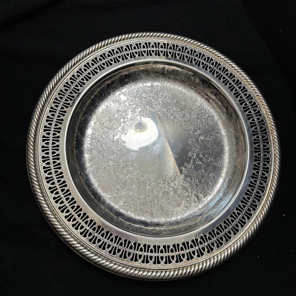 Vintage - Wm Rogers Silver Plate Round 10" Reticulated Top & Rope Edge Plate/Dish