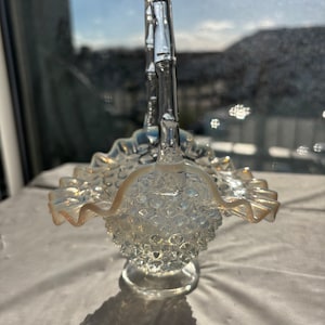 Vintage-Fenton Hobnail Opalescent Small Glass Basket, Mini Basket 6&quot; tall to top of handle, 5&quot; long and 4&quot; wide c. 1950s