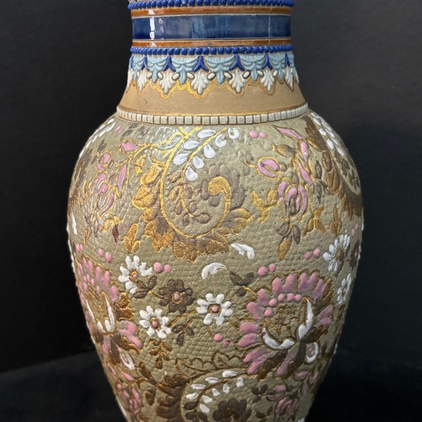 Vintage, 19th Century, Enameled, Stoneware, Vase, from Doulton Slater, Gold and White Floral Designs with Cobalt Blue Accents