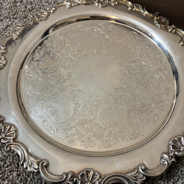 Vintage Sheffield Old English Reproduction engraved tray, 13" round silverplated