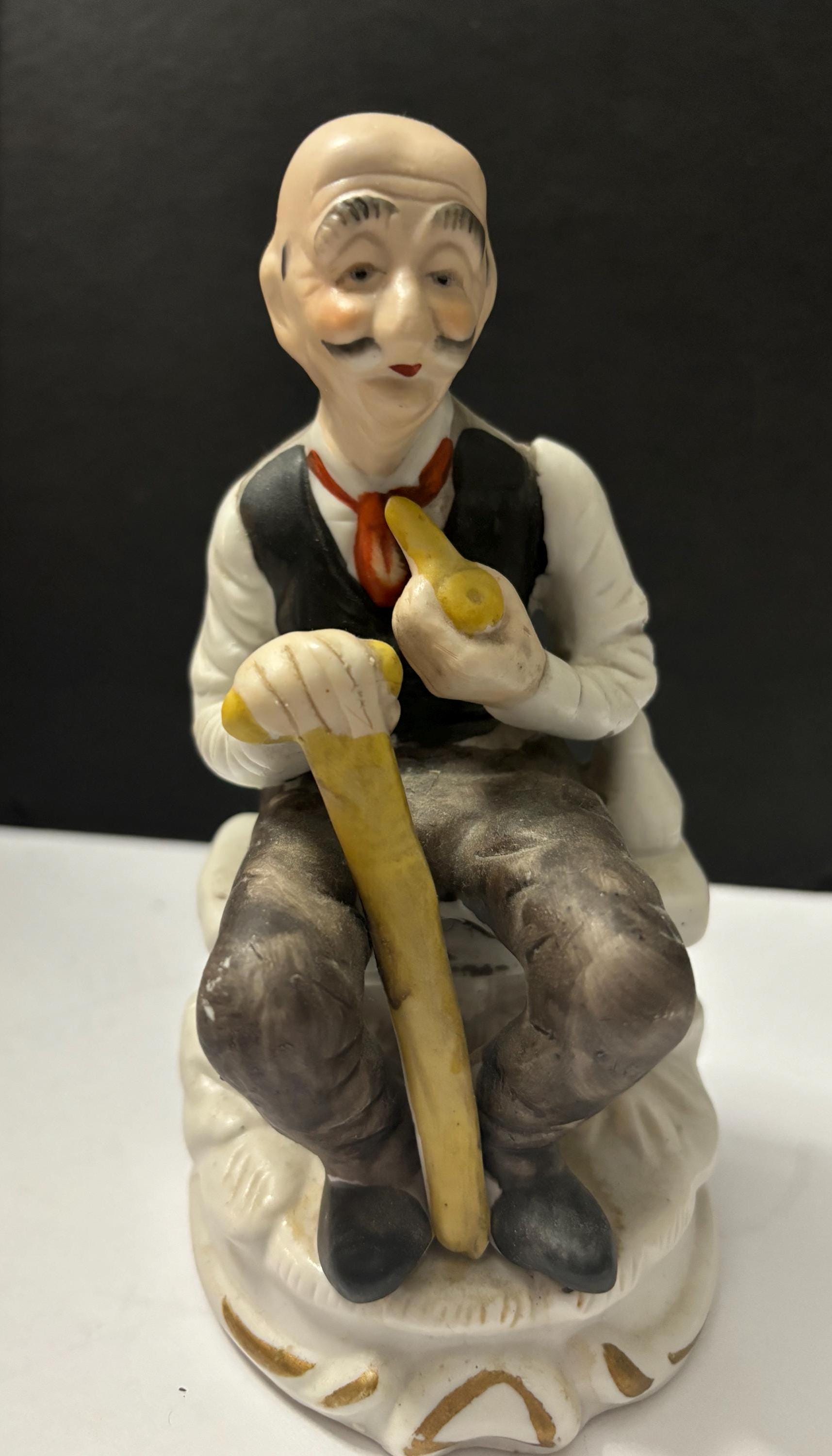 Vintage, Ceramic Figurine, of Old Man, Sitting on Bench, With Cane