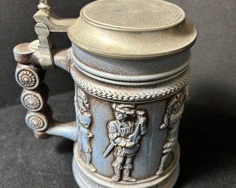 Vintage, Gerz DBGM #85 W. Germany Beer Stein With Pewter Lid Blue Brown 7" high with handle 6.5" wide with handle