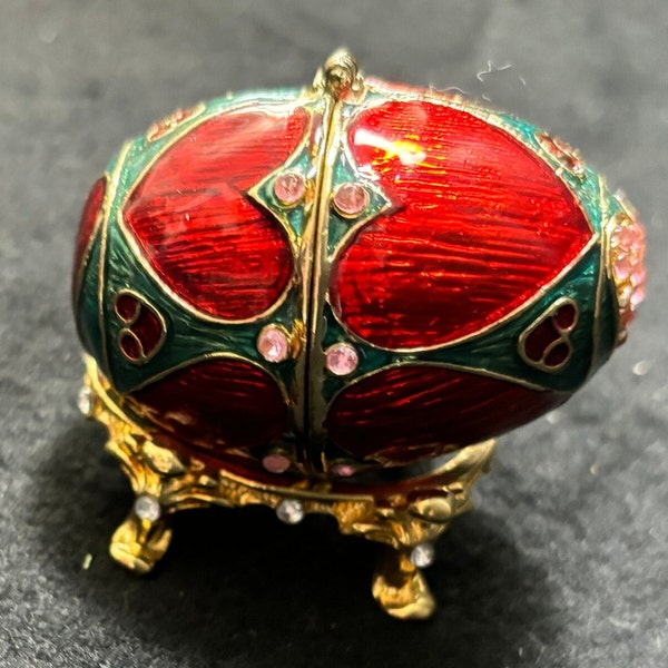 Atlas Editions Fabergé  Egg, ‘Anna Karenina’ Trinket Box, Enameled and Swarovski Crystals with Hearts, 2.5" L*1.5"W, 3.25" H with stand