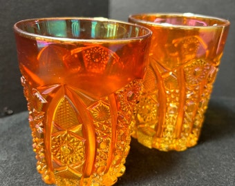 Vintage, Imperial, Marigold Carnival, Pair of Tumbler Crab Claw. c 1906 4" tall and 3" Cup, Marigold Iridescent. Cut, Glass pattern