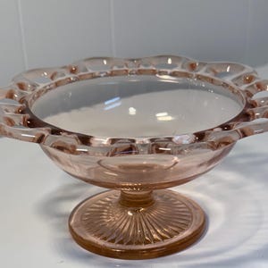 Vintage, Anchor Hocking, Pink Glass, Lace Edge Pattern, Round, Compote, 3.5&quot; Tall 7&quot; Diameter