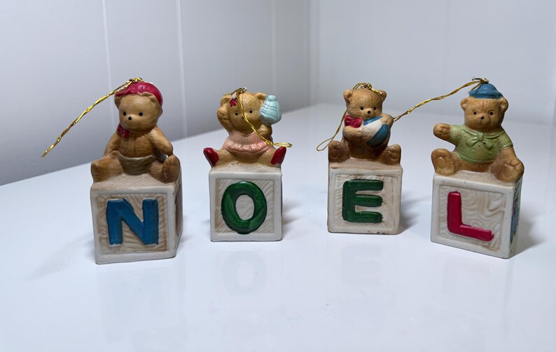 Vintage, Ceramic, NOEL Bears, on Block Ornaments, by Christmas Around the World - Set of 4, 3.25H, Box included.