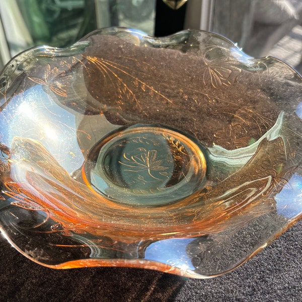 Vintage, Jeanette Co, Iridescent Marigold Glass, Fluted Bowl, 9.5 inches wide 2.5 inches high