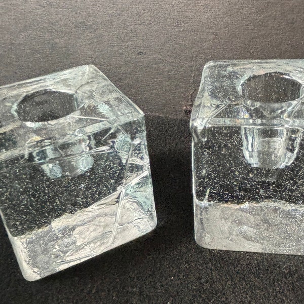 Vintage, Dansk Style, Melting Ice Cube, Pair of Glass, Taper Candle Holders
