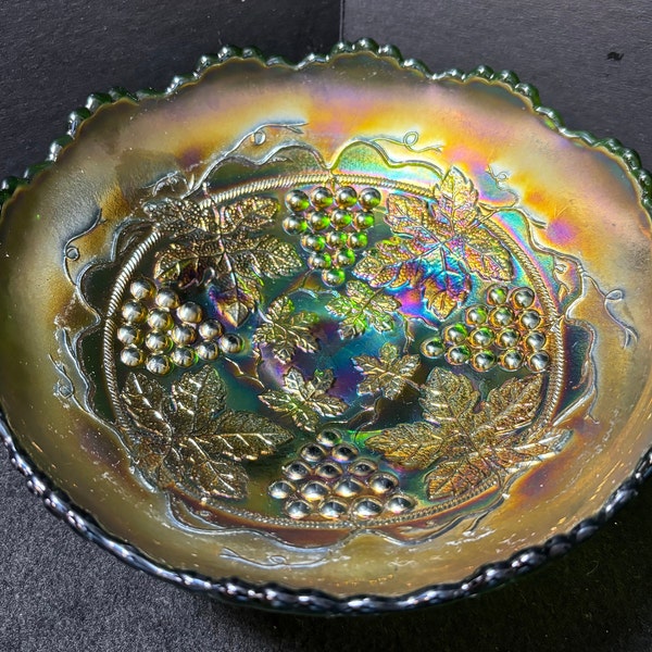 Vintage,  Fenton Bowl/Dish, Iridescent, Green, Grape  Ruffled Carnival Glass 7.5" wide 3" tall, with 3 feet