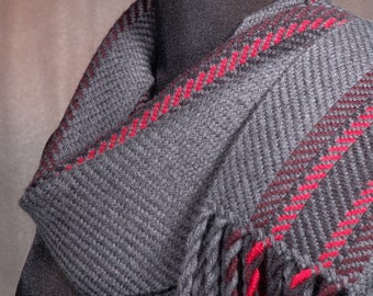 Charcoal gray scarf with accents of wine, red, and black / handwoven scarf / merino wool scarf / winter scarf