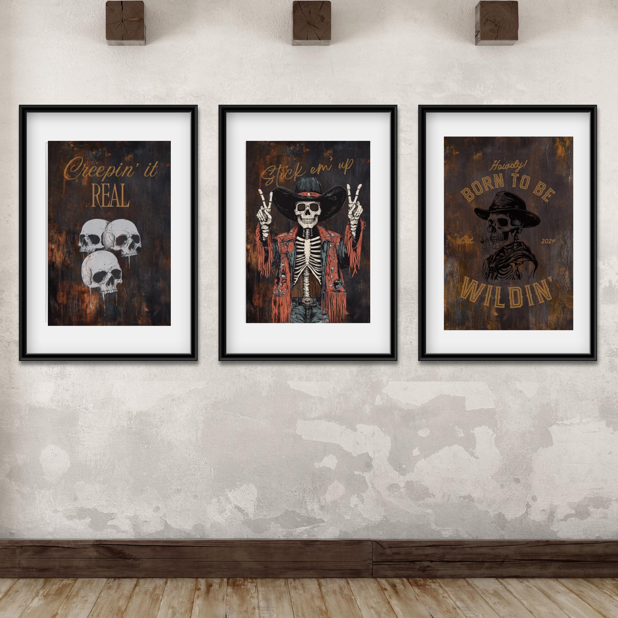 Halloween Prints Wall Art Bundle of 3 Printables, Western Cowboy Skull ...