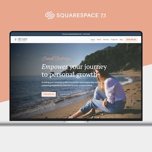 May include: A laptop computer displaying a website for a life coach. The website features a photo of a woman sitting on a beach with the text "Empower your journey to personal growth" and "Guiding you towards a life of purpose and happiness with coaching experience tailored to your unique needs."