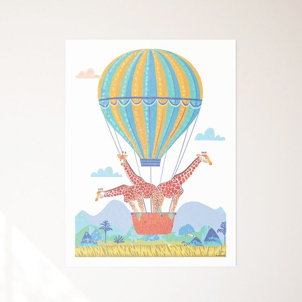Giraffes Riding a Hot Air Balloon, Wall Art Decor, Neutral Prints, Children Bedroom, Kids posters