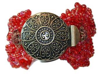 Bracelet Cuff - Red With Antiqued Gold