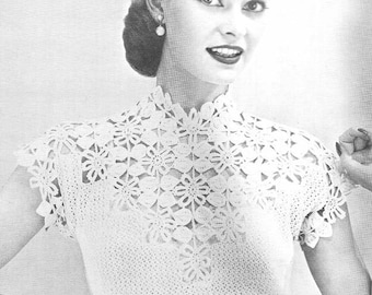 1955 Flower and Leaf Yoke Blouse Vintage Crochet Pattern Instant Download PDF 132