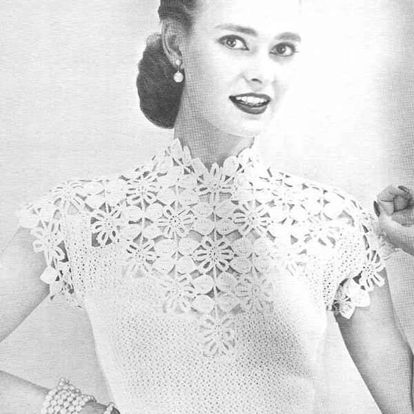 1955 Flower and Leaf Yoke Blouse Vintage Crochet Pattern Instant Download PDF 132