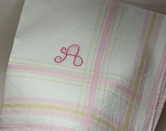 Pink Plaid Letter A Vintage Style Hand Embroidered Hankie Handkerchief Embroidery Hanky NEW and Unused