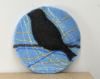 Hand Embroidered Felt Art Brooch - Bird on a Wire - Blackbird Colorful Linear Background - Unique Jewelry