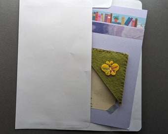 Bookmark Greeting Card Handmade Book Mark Hand Embroidered Wool Felt Moss Green with Yellow Butterfly Design Free Shipping