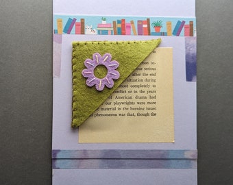 Greeting Card Bookmark Handmade Corner Book Mark Hand Embroidered Wool Felt Moss Green with Purple Flower Design Free Shipping