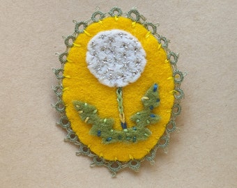 Dandelion Felt Brooch Hand Embroidered Metallic Thread Yellow and White Pin