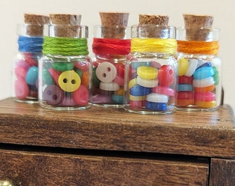 Dollhouse Sewing Room Miniature Button Jars - Glass Jar of Teeny Tiny Buttons - Model Roombox Diorama - Little Haberdashery