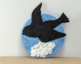 Hand Embroidered Felt Art Brooch - Blackbird and Fluffy Cloud -Silver Lining - Whimsical Pin Jewelry - Original Embroidery