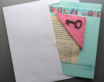 Bookmark and Handmade Greeting Card Corner Book Mark Hand Embroidered Wool Felt Bubblegum Pink with Key Design Free Shipping