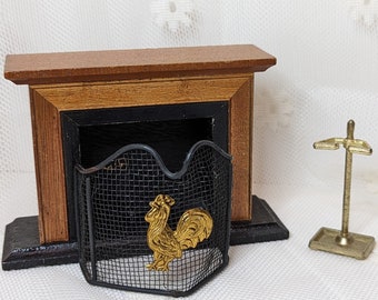 Vintage Dollhouse Fireplace with Fire Screen - Metal Rooster Detail - For Your Doll House Diorama Model