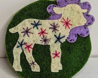 Felt Art Brooch Peaceful Cow Calf in the Flowers Hand Embroidered Unique Pin Jewelry Farm Animal Flower