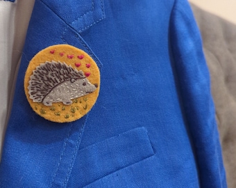 Felt Art Brooch Hand Embroidered Unique Pin Jewelry HAPPY HEDGEHOG Self Empowerment Protection