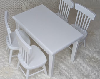 Dollhouse Miniature Kitchen Furniture Table - Glossy White with Four Chairs - for Diorama Model or Doll House