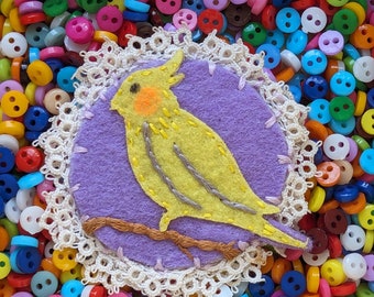 COCKATIEL Felt Art Brooch Hand Embroidered Unique Pin Jewelry - Bright Yellow and Grey