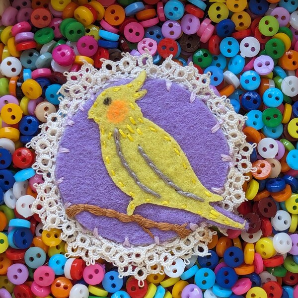 COCKATIEL Felt Art Brooch Hand Embroidered Unique Pin Jewelry - Bright Yellow and Grey