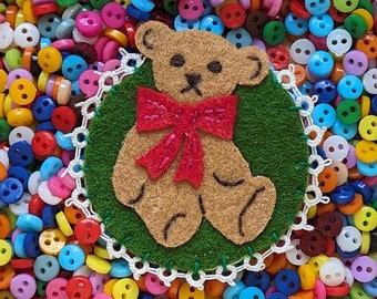 Hand Embroidered Felt Brooch - Teddy Bear with Red Bow - Embroidery Unique Pin Jewelry