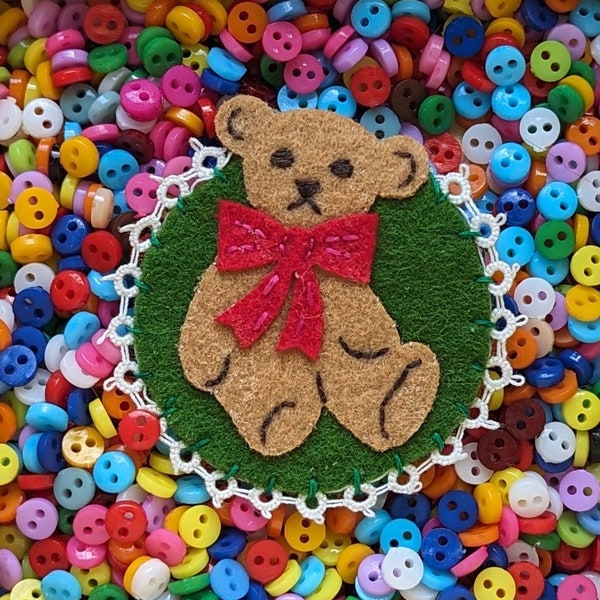 Hand Embroidered Felt Brooch - Teddy Bear with Red Bow - Embroidery Unique Pin Jewelry