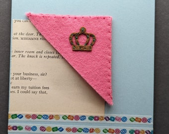 Corner Bookmark and Handmade Card Hand Embroidered Wool Felt Bubblegum Pink with Crown Design Free Shipping