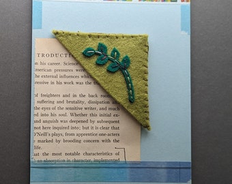 Bookmark and Handmade Greeting Card Hand Embroidered Wool Felt Book Mark Moss Green with Leafy Branch Design Free Shipping