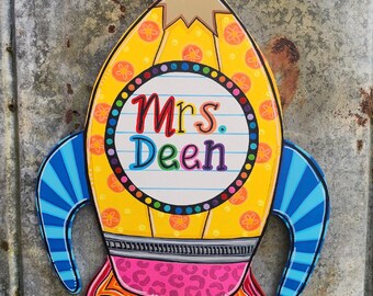 Hand-painted Teacher Pencil Rocket for Outer Space Theme Door Hanger, 28 inches