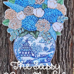 Chinoiserie Vase with Blue and Tan Flowers Door Hanger