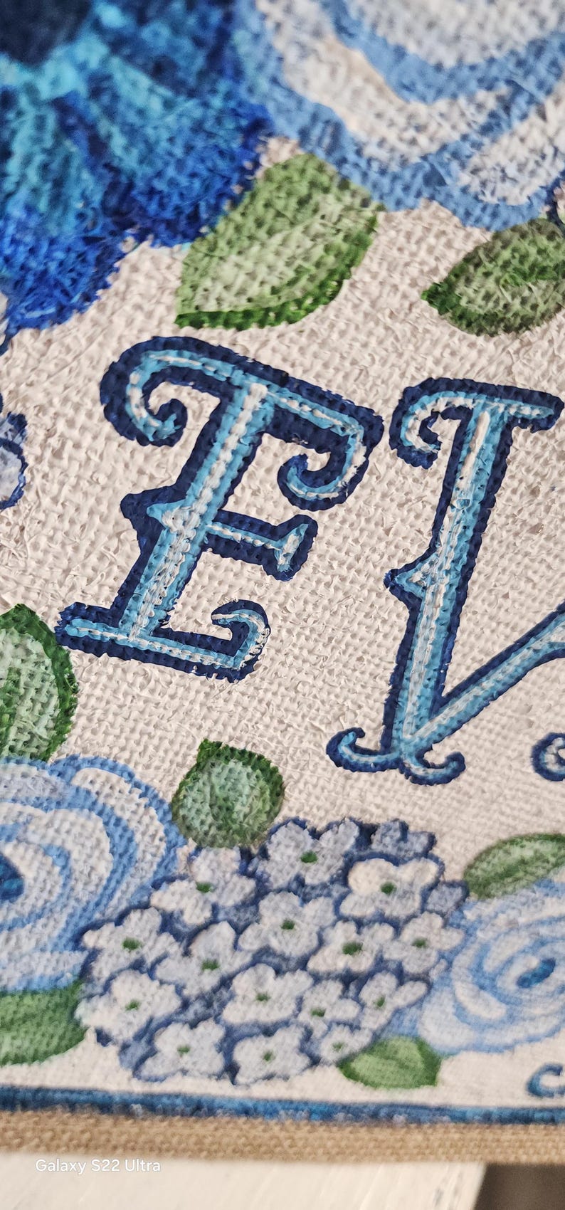 May include: Close-up of a floral design with the word "FL" in a light blue, ornate font. The background features blue and white flowers and green leaves on a textured, off-white surface. The design has a watercolor effect.