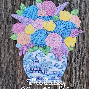 Chinoiserie Vasewith Colorful Spring Flowers Door Hanger