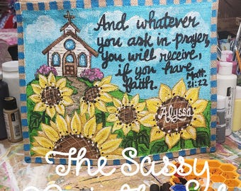 Church with sunflowers Painted Tote, Bible bag