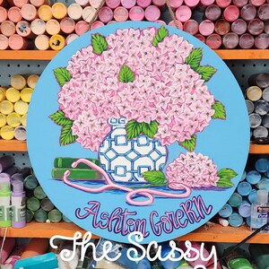 Hand-painted Nurse office door hanger with pink hydrangeas -hand-painted