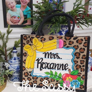 Teacher painted tote- leopard with blue accents