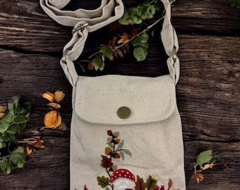 Hand Embroidered Pouch - Mushroom Design- Crossbody Bag- Canvas Shoulder Bag